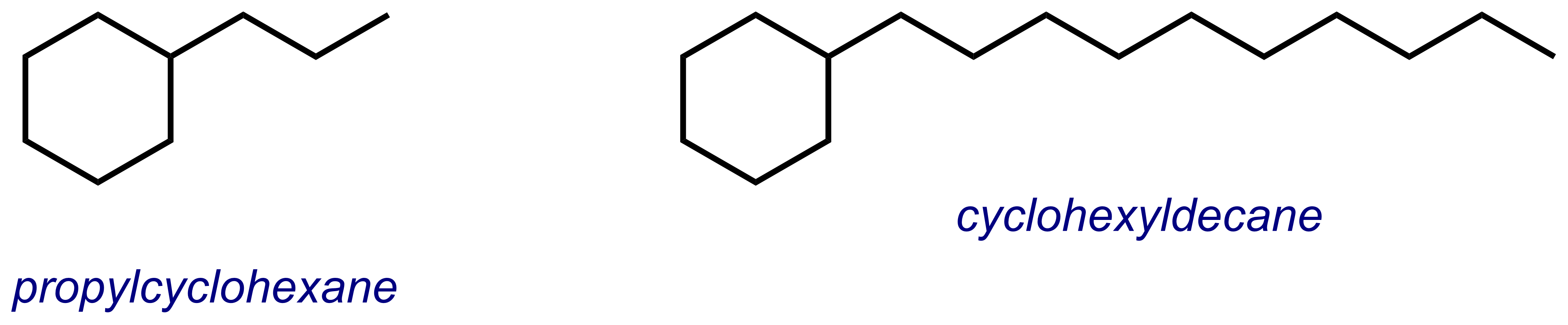 Propylcyclohexane next to cyclohexyldecane — the larger piece is the parent