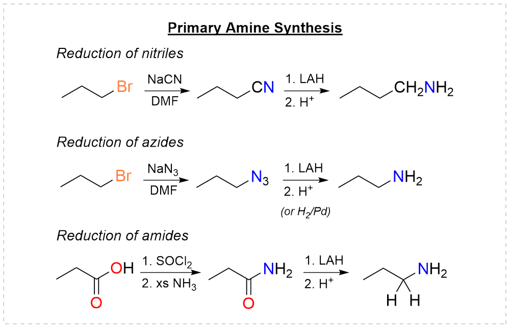 Primary amine synthesis by reduction of a nitrile, an azide, and an amide