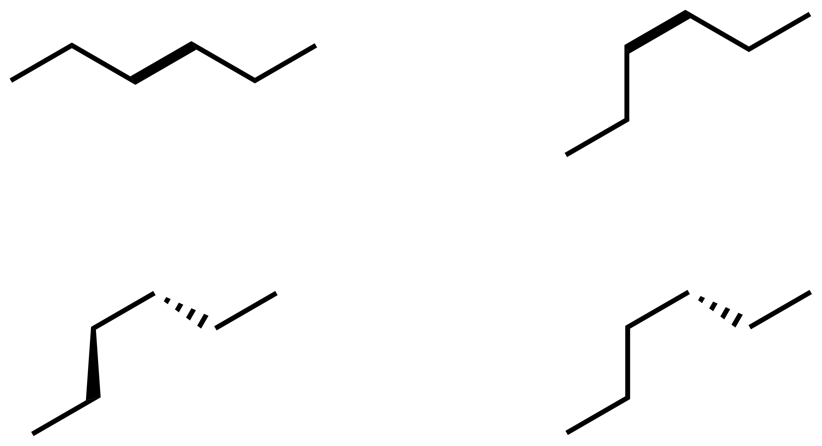 Four drawings of the same chain: two bond-line skeletons and two with wedge and dash bonds, showing different shapes about the same bond