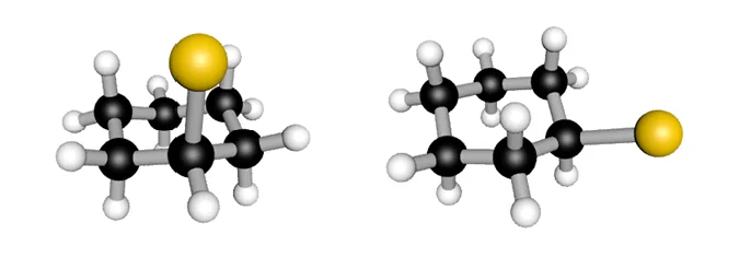 Chair cyclohexane showing axial and equatorial bonds and the 1,3-diaxial interaction