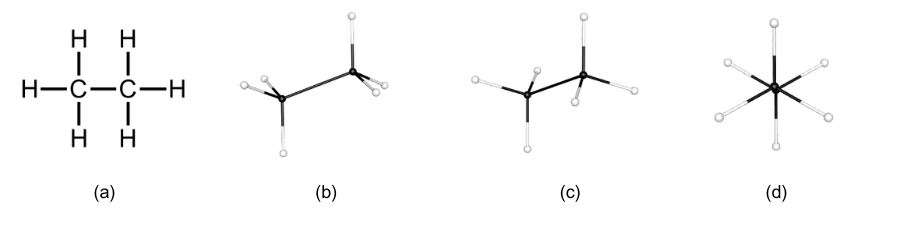 Ethane drawn four ways: simple structure, side-on wedge-dash, partly rotated, and viewed down the C–C bond