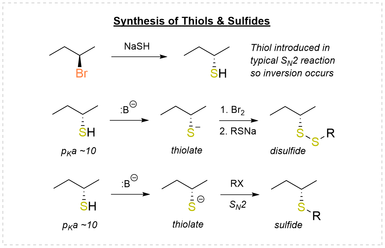Synthesis of thiols and sulfides: SN2 displacement of a secondary alkyl bromide by NaSH with inversion of configuration; deprotonation to the thiolate (pKa ~10) followed by Br2 then RSNa to give a disulfide; and thiolate alkylation with RX by SN2 to give a sulfide